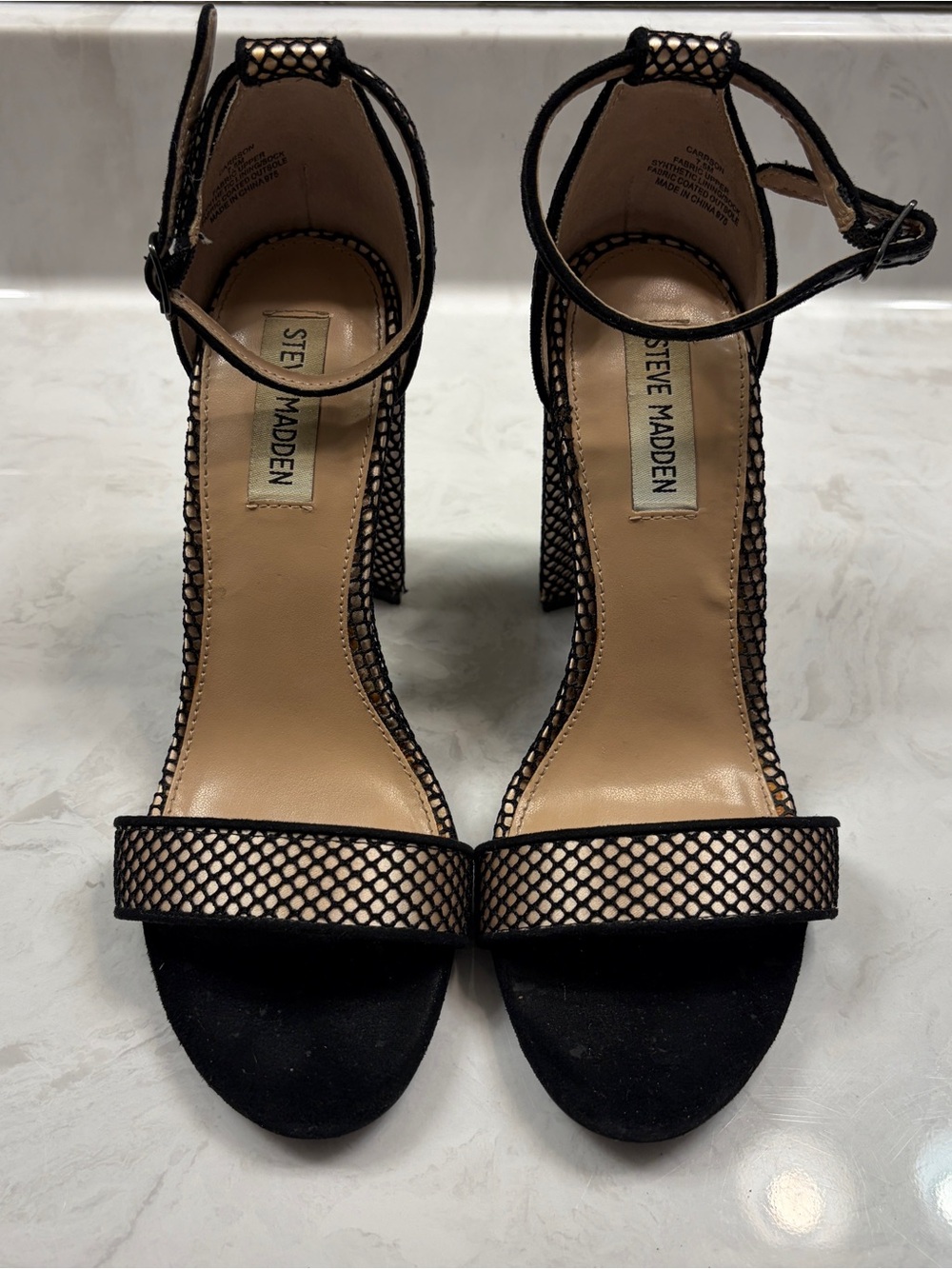 Steve Madden Black Mesh Ankle-Strap Block Heels